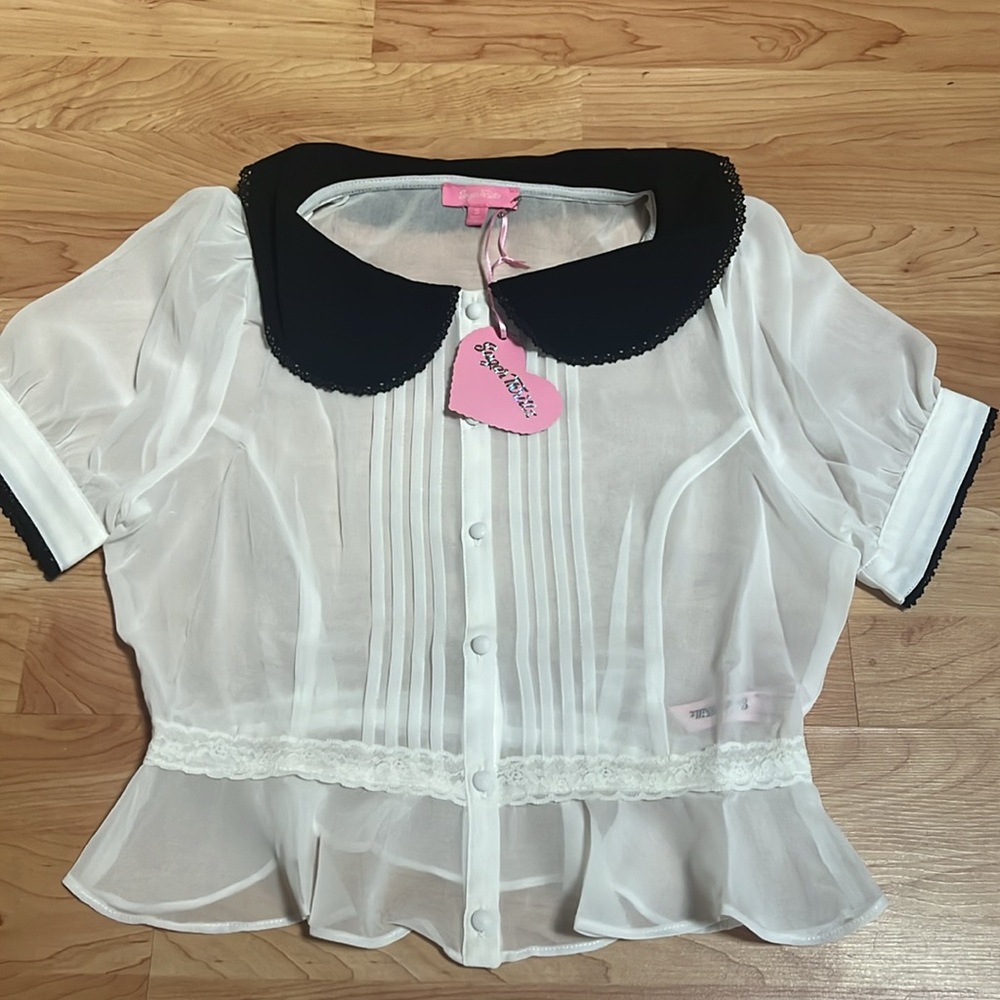 ‼️NWT‼️Dolls Kill X Sugar Thrillz Big Girls Don’t Cry Sheer Blouse Small - Picture 8 of 11